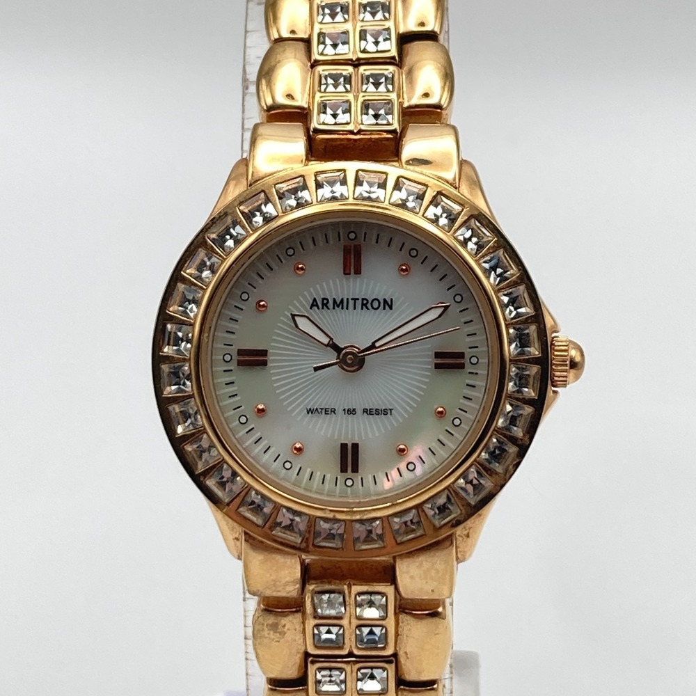 Armitron Women's Watch 26mm Rose Gold Tone Crystals MOP Bling New Battery 6.75"